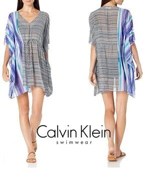 NWT Calvin Klein Striped V-Neck Caftan Swim Cover-Up / Small